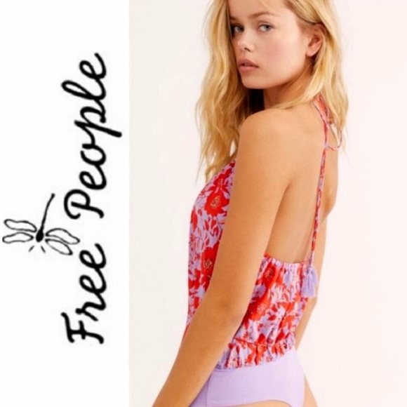 FREE PEOPLE INTIMATELY LIZA BODYSUIT GORGEOUS PRINT PURPLE THONG BOTTOM SIZE S - Picture 1 of 12